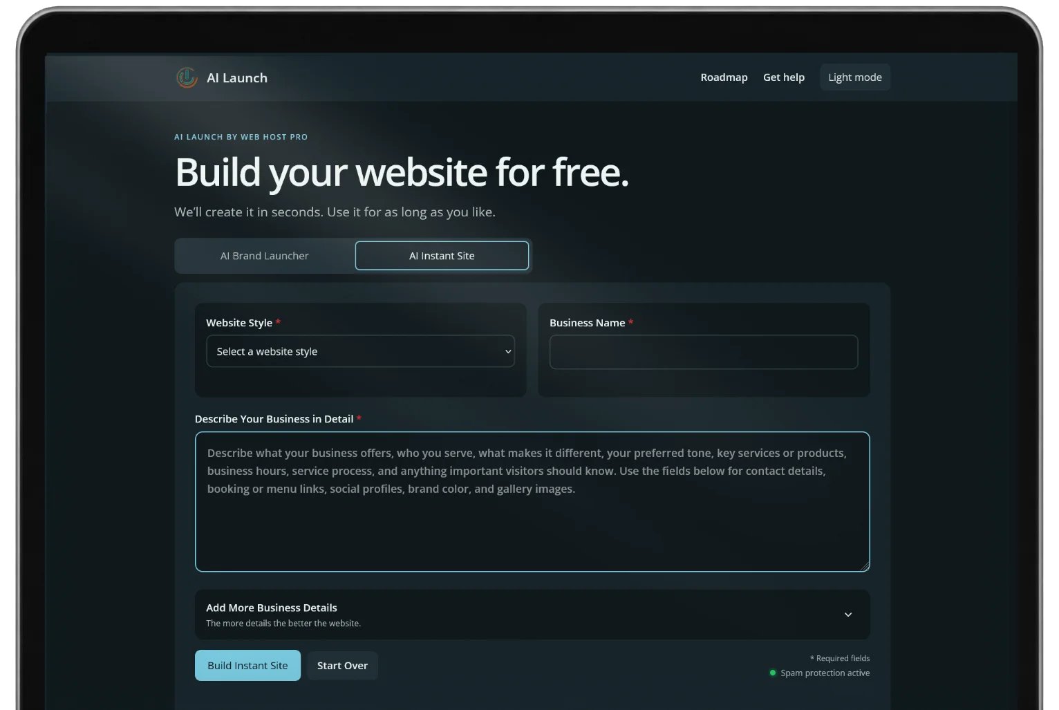 AI instant site builder preview