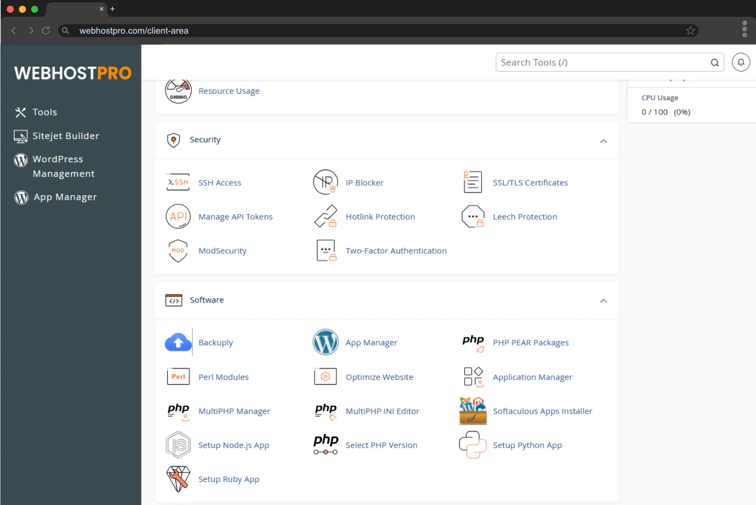 Developer hosting tools and application stack dashboard